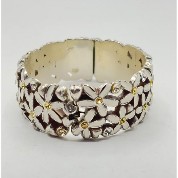 Brighton Silver Floral Daisy Hinged Bracelet With Yellow & White Rhinestones - Picture 3 of 5